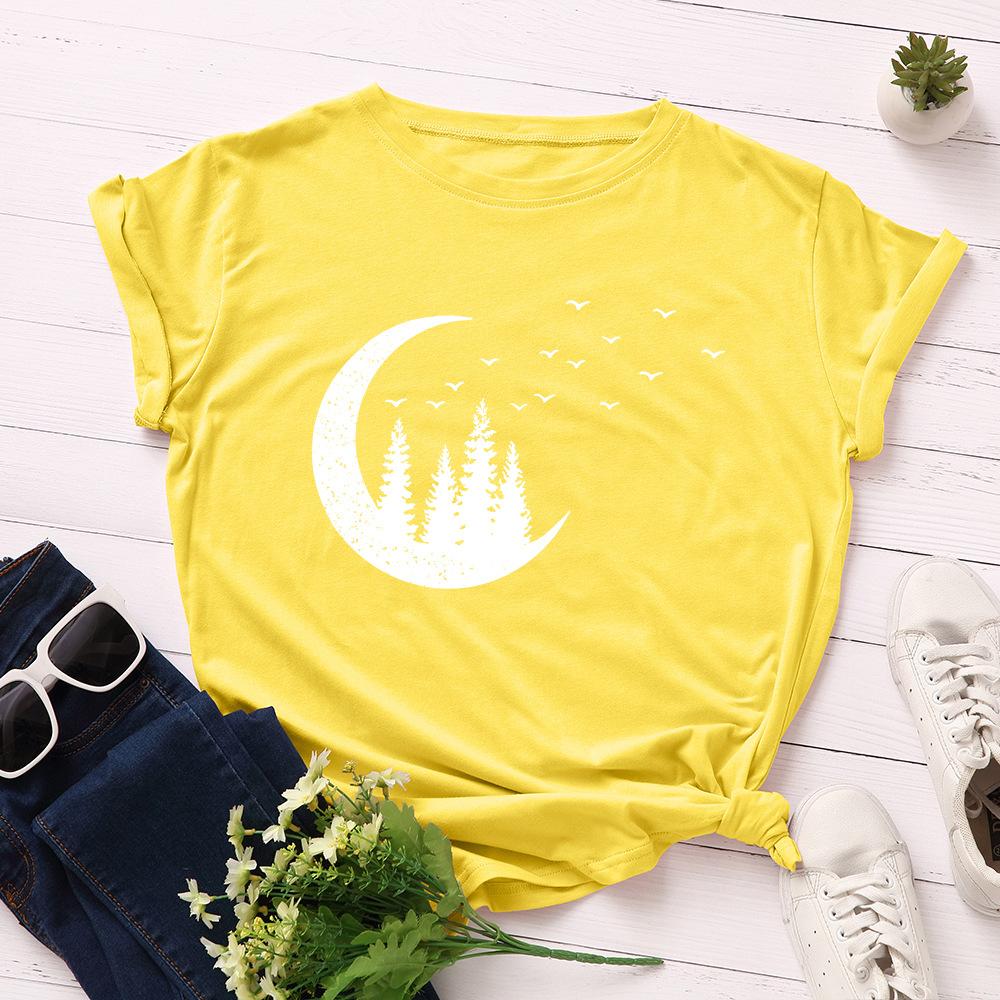 Starry Sky Moon Forest Pattern Cotton Loose Round Neck Short Sleeve Women's T-shirts