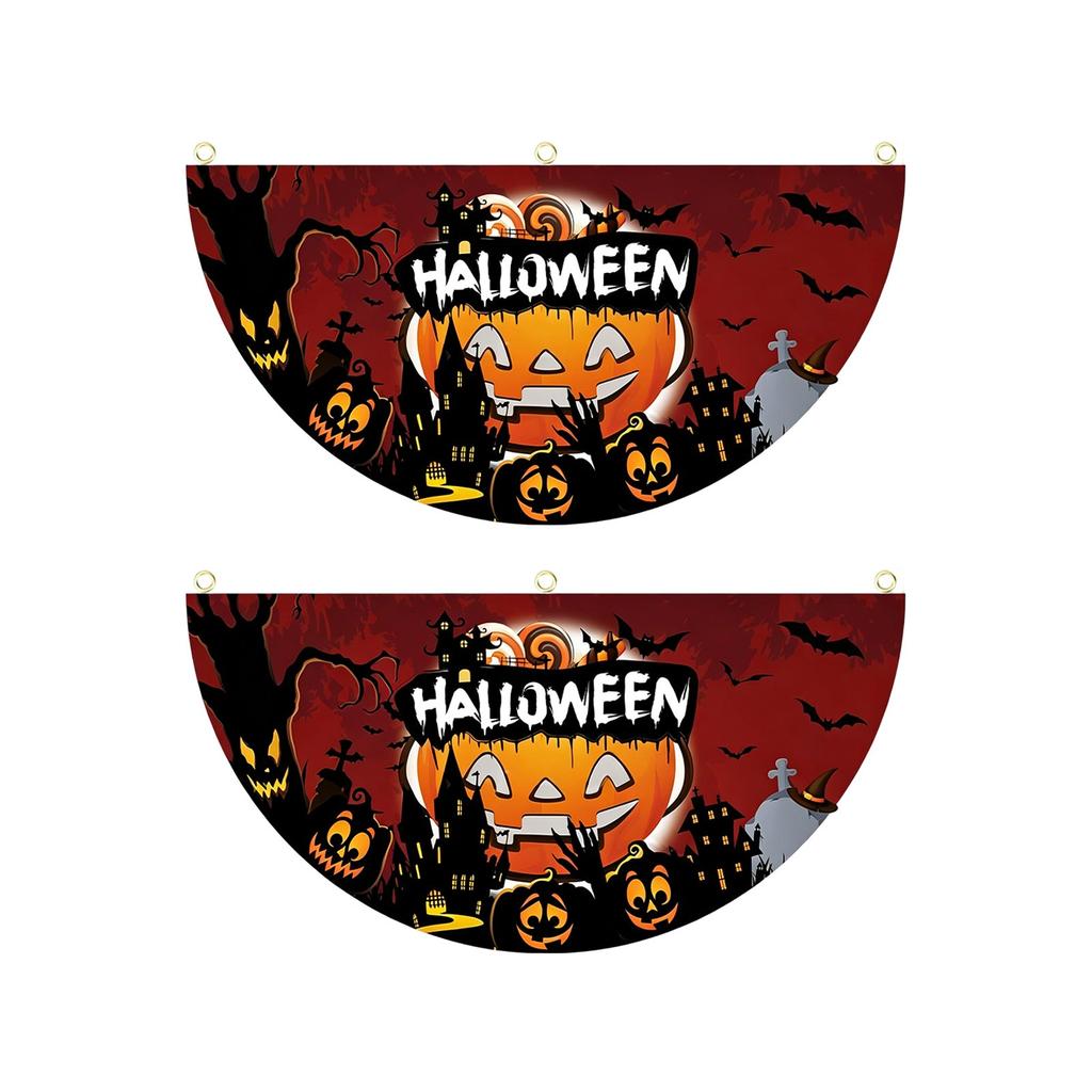 Halloween Half Circle Flags and Pumpkin Fan-Shaped Banners - Pleated Hanging Decorations for Party Background