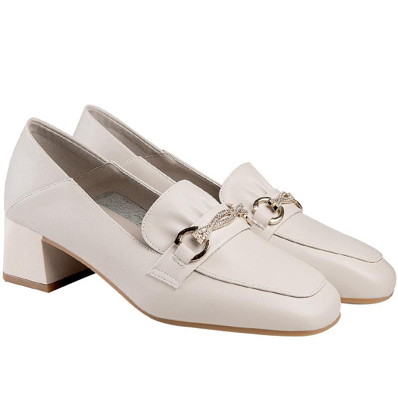 Pantofi cu toc înalt și gros din piele moale pentru femei, pantofi eleganti și confortabili, cu toc înalt și vârf pătrat, albi și negri