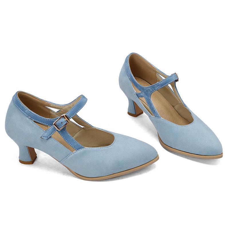 New British Spring and Autumn Shoes Frosted Light Mouth Tripple Strap Single Shoes Thick High Heels Large Size Shoes