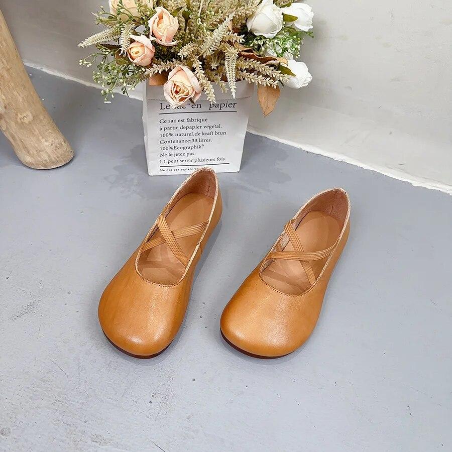 Johnature Genuine Leather Shallow Flats Retro Loafers Comfortable Soft Sole Round Toe Versatile Women's Shoes