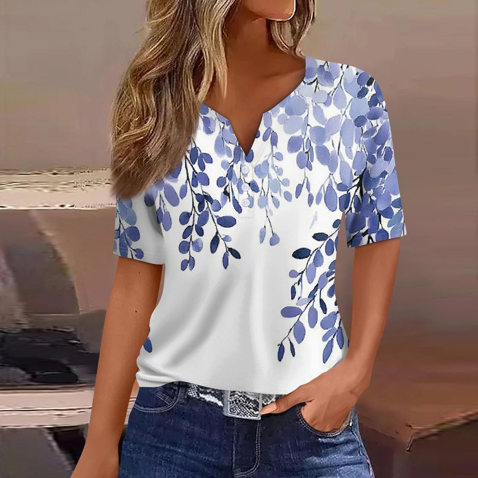 

Women s Casual V-neck Short Sleeved Decorative Button Up T-shirt Top XXXL