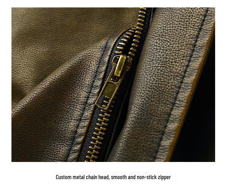 Men's Retro Cool PU Leather Bomber Jacket with Buckle Stand Collar