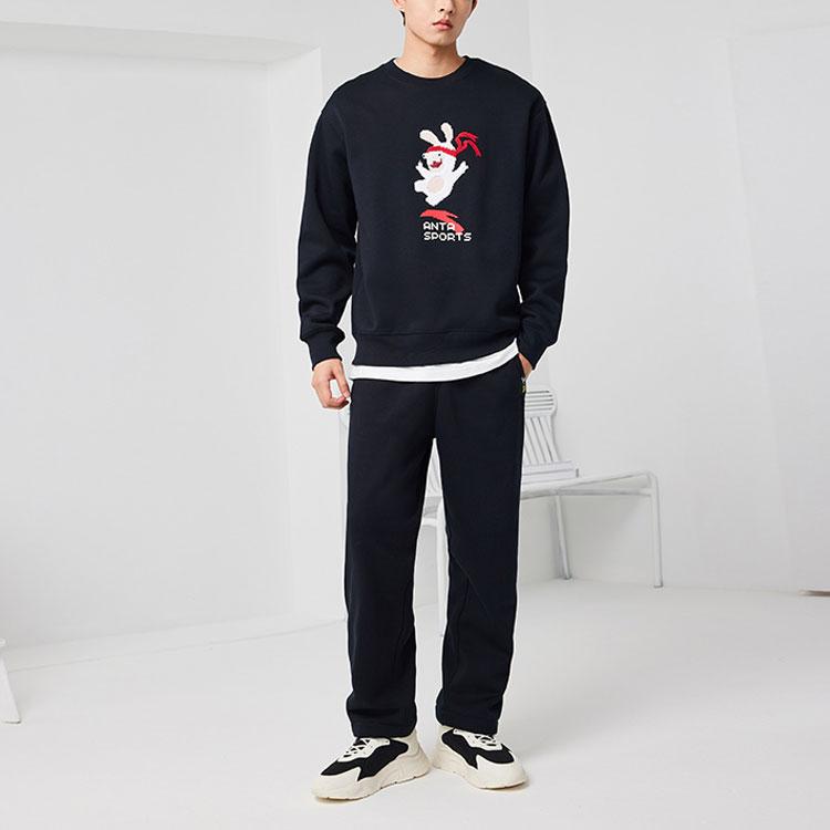 Anta Solid Color Embroidered Pattern Round Neck Skin-Friendly Long Sleeve Sweatshirt Unisex Sweatshirt Black 172248706-4