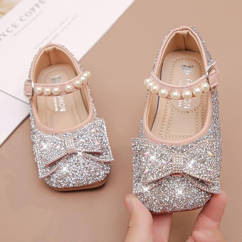 Girls leather shoes rhinestone bow girls princess shoes 2025 new children's soft-soled single shoes foreign style crystal shoes tide