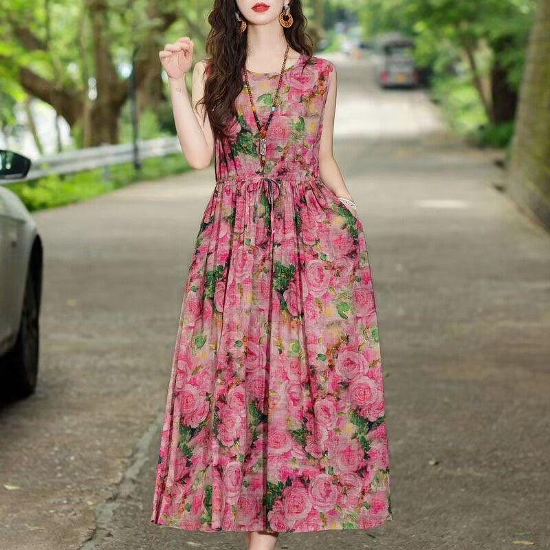 New Summer Floral Cotton-Silk Sleeveless Dress - Plus Size, Loose Fit, Slimming, Vacation Style Mom’s Long Dress