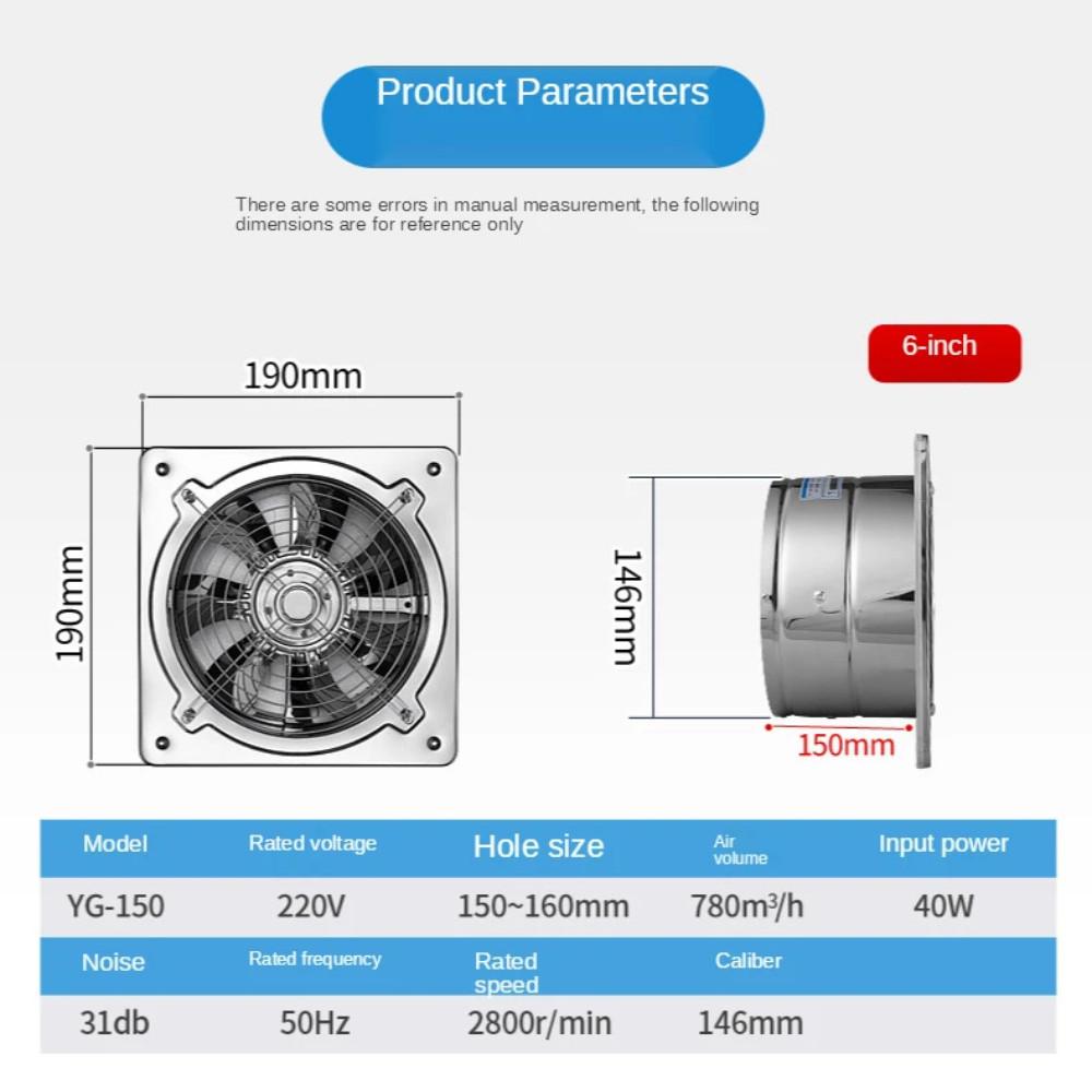 Ventilateur d'appoint 40 W pour salle de bain, toilettes, tuyau de ventilation, ventilateur d'extraction, fenêtre murale, ventilateur en acier inoxydable, échappement des fumées de cuisine, artefact