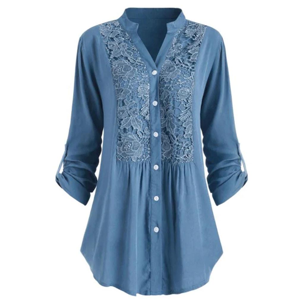 Women Ladies Large Size Button Lace V Neck Long Sleeve Shirt Blous