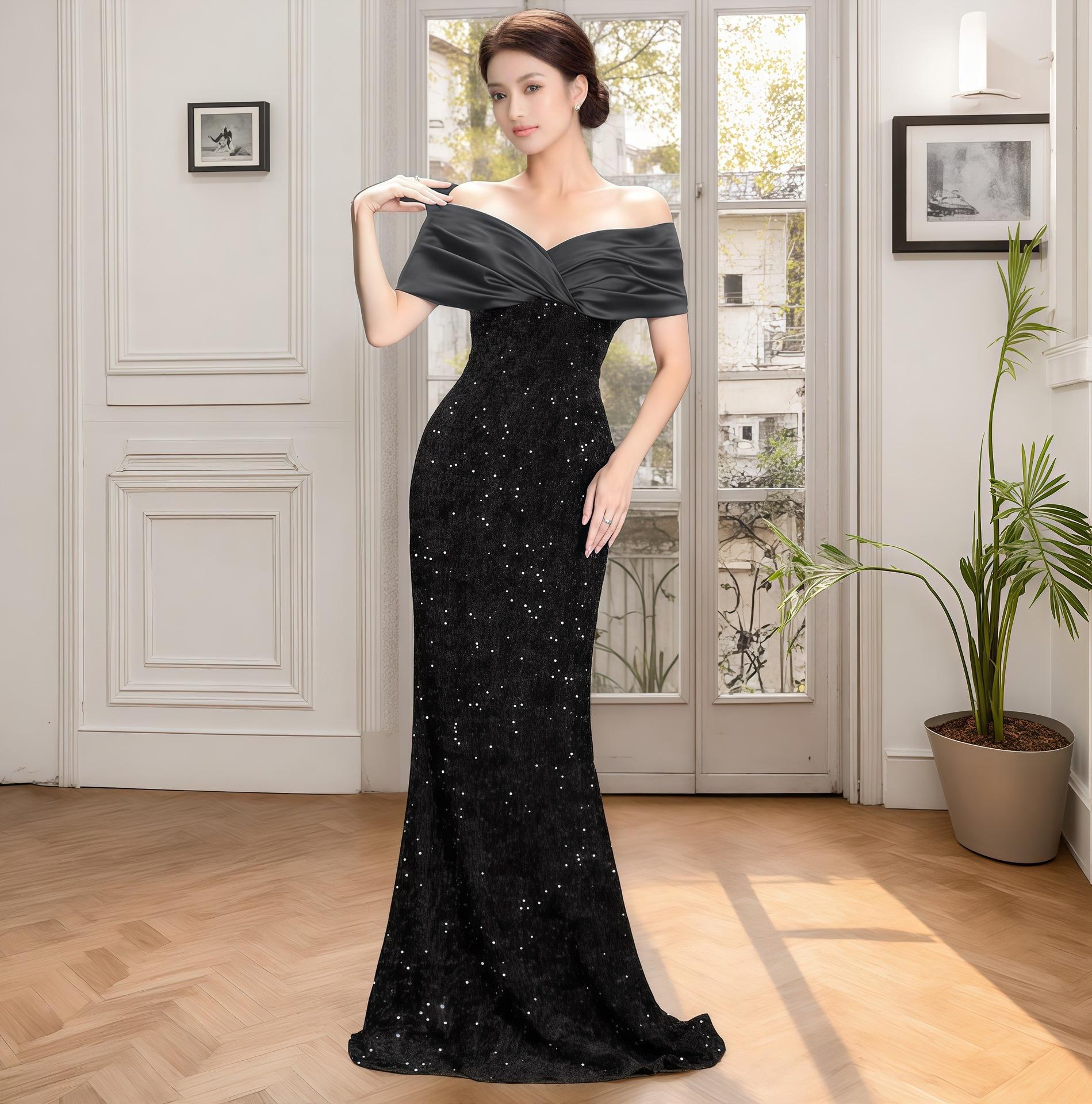 New European and American women s clothing temperament party banquet evening dress elegant one-word shoulder long splicing dress S чёрный