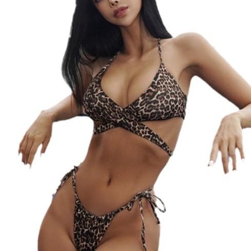 1011 New Women's Split Leopard Print Swimsuit Thong Low Waist Multi-rope Slim Simplicity