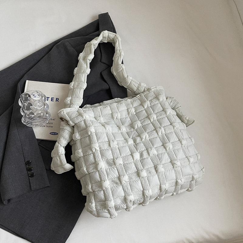 

Premium Plaid Embroidery Thread Lazy Cotton Clothes Bag 2026 New Large-capacity Puff Soft Bag Casual Shoulder Bag білий