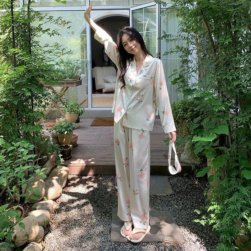 Spring Summer Faux Silk Pajamas for Women Lapel Cardigan Lounge Sets Womens 2 Piece Sweet Floral Home Wear Soft Sleepwear