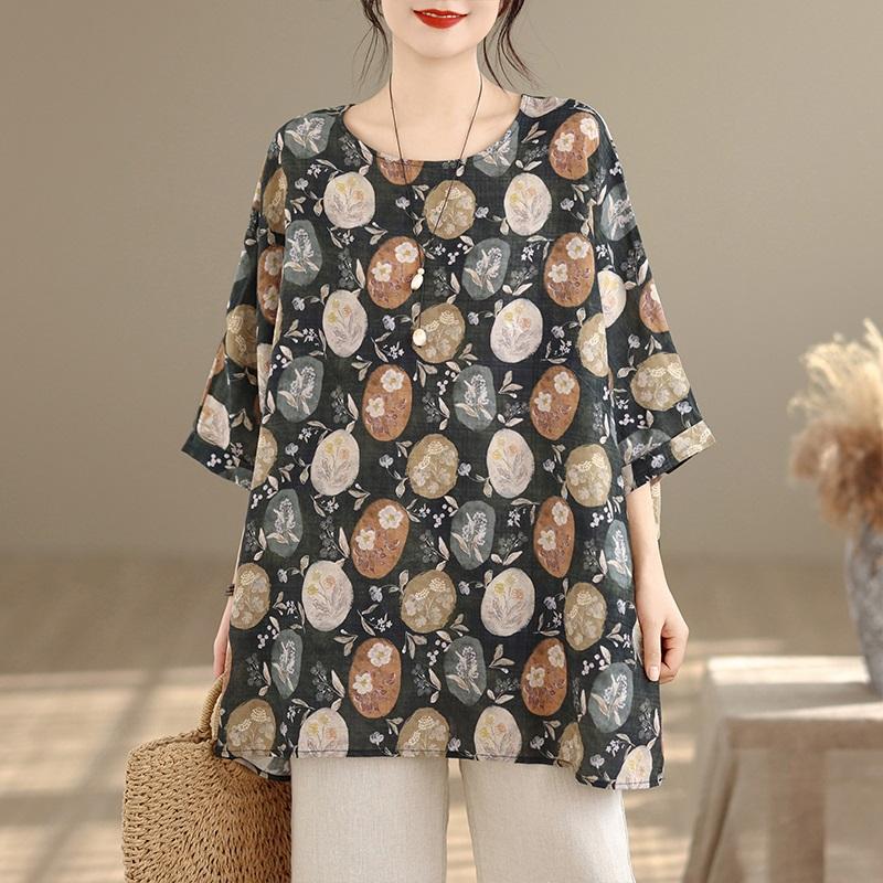 Короткий рукав, свободная винтажная футболка с цветочным принтом, повседневная, свободная, женская летняя футболка