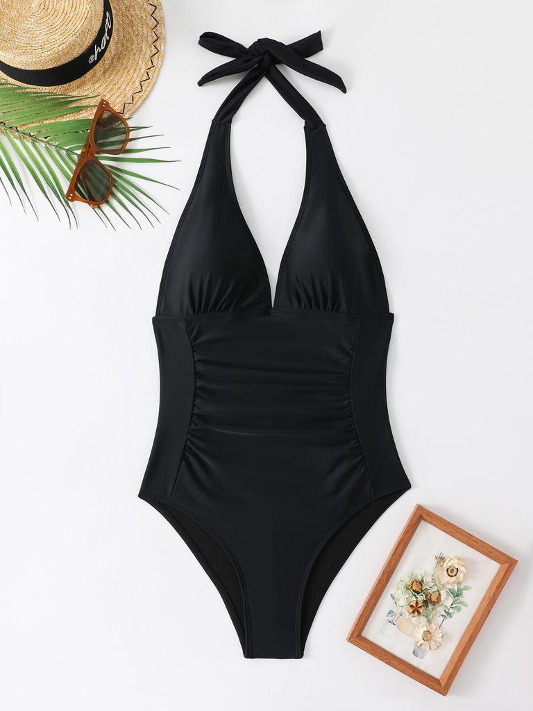 Women's Swimsuit Solid Color V-neck Pleated Slim One-piece Swimsuit Bikini Suit Beachwear Bathing Suits