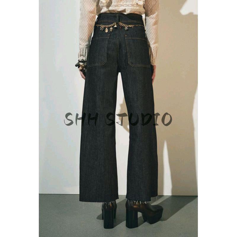 Spring New Women's Clothing Nautica Style Versatile Pocket Decoration High Waist Wide Leg Long Denim 8307049
