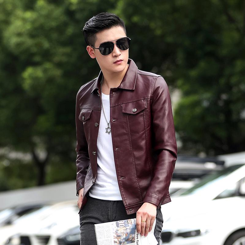 Neue Herbst Herren Slim Fit Koreanischer Stil PU Lederjacke mit Fake-Tasche