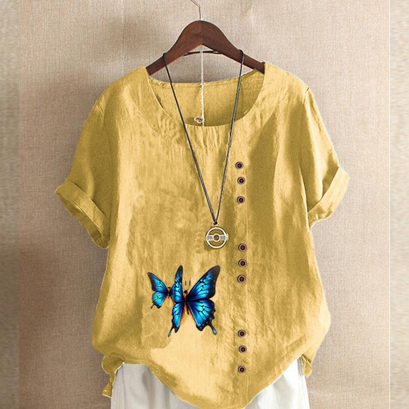 Tricou cu mânecă scurtă cu gât rotund la modă pentru femei, ocazional, din bumbac, cămașă grafică pentru timpul liber Bluză de vară cu printuri fluture
