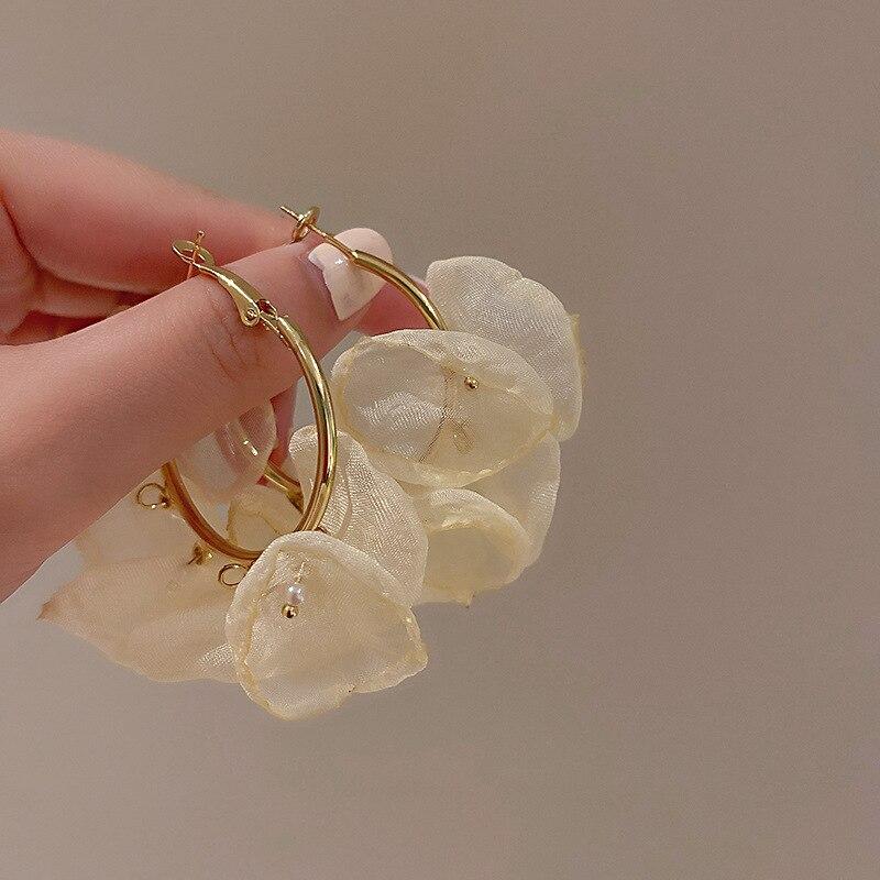 Fashion Chiffon Flower Hoop Earrings Personality Spring SUMMER New Jewelry Statement Earing Beach Holiday Accessories
