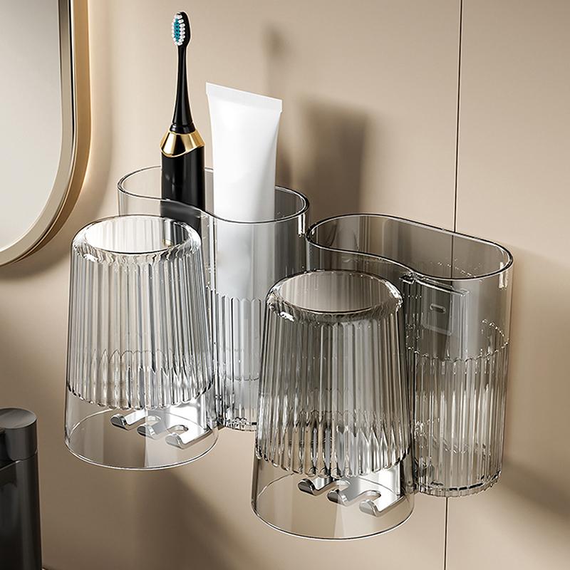 Étagère Murale Porte-Brosses à Dents Sans Perçage Salle de Bain Multifonctionnel Support à Dentifrice Rangement Tasses Rince-Bouche