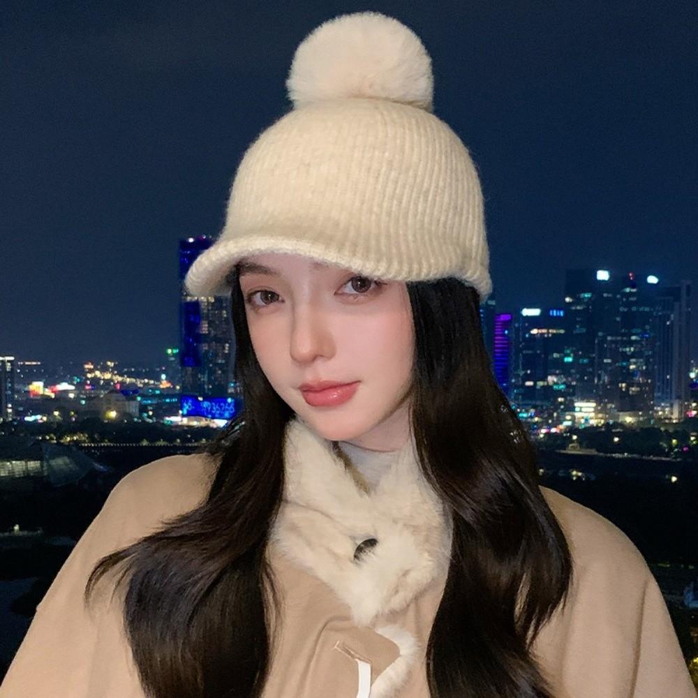Solid Color Warm Wool Cap Thermal Ear Protection Hat Cute Pompom Plush Beanie Winter