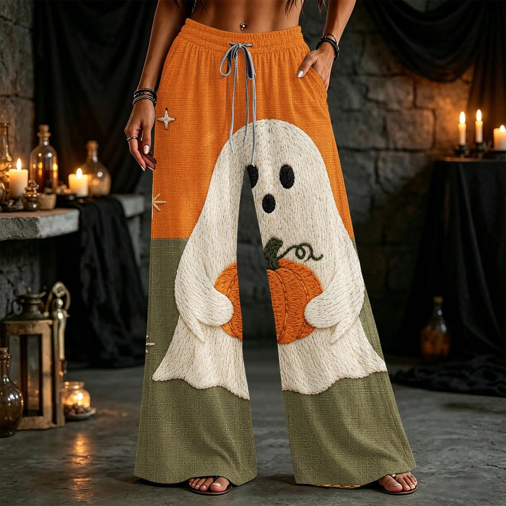 Damen Halloween Patchwork-Print Weite Hosen mit Taschen, Lockere Freizeithosen