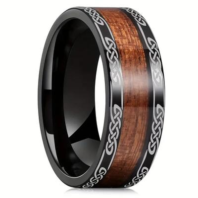 Fashion 8mm Stainless Steel Koa Wood Rings for Men Nordic Viking Infinity Intertwined Cross Celtic Knot Rings Wedding Jewelry