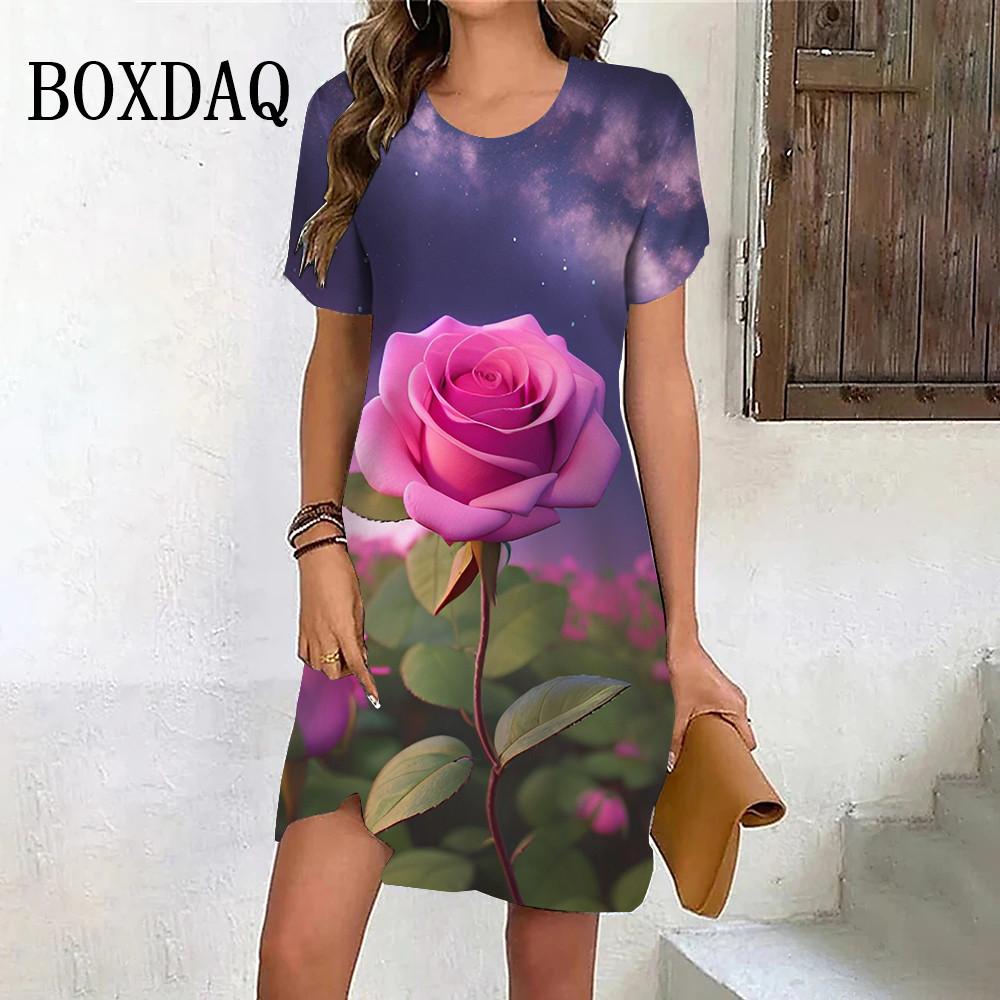 Nowe Letnie Sukienki na Imprezę Plażową Dla Kobiet Vintage Tie Dye Czerwony Różowy Kwiatowy Wzór Sukienka Krótki Rękaw Pulower Luźna Duży Rozmiar Sukienka