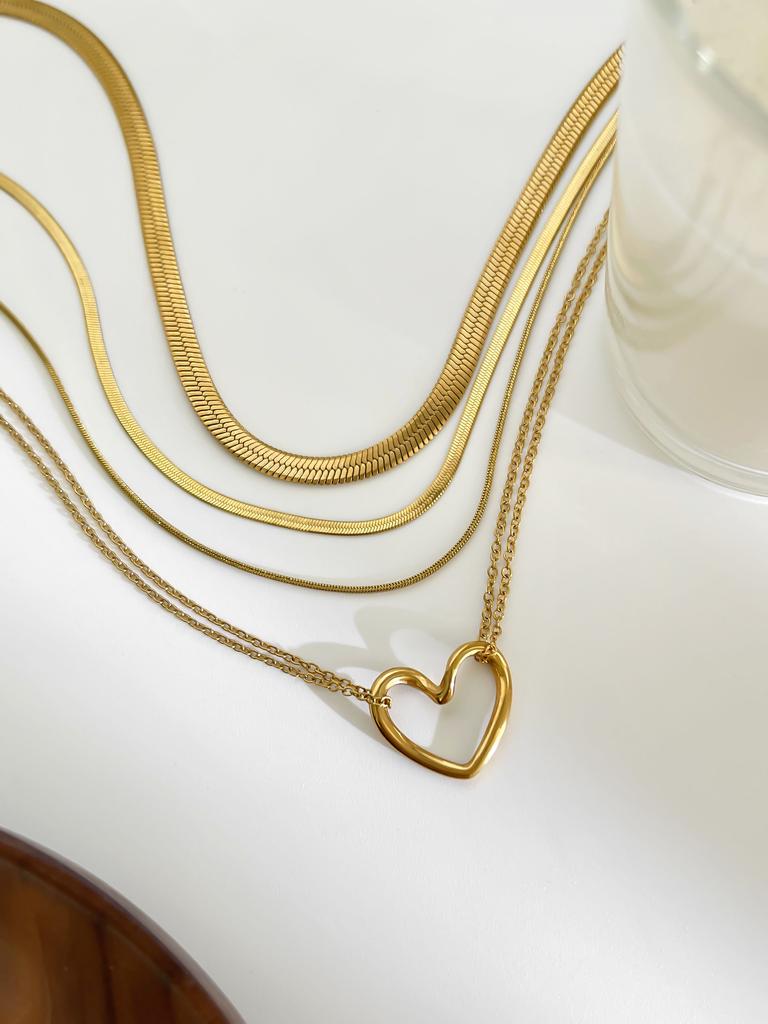 GHIDBK Minimalist Stainless Steel 1mm 2mm 4mm Flat Snake Chain Hollow Heart Pendant Necklace for Women Fashion Stackable Zircon