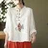 Camicia da Donna Autunnale in Cotone e Lino Stile Tribale Etnico con Fibbia a Disco Artistica Larga e Comoda Girocollo Manica Lunga Top