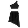 Womens Lyrical Modern Dance Outfits Dancewear One Shoulder Ruched Mesh Overlay Rhinestones Crop Top with Irregular Hem Skirt