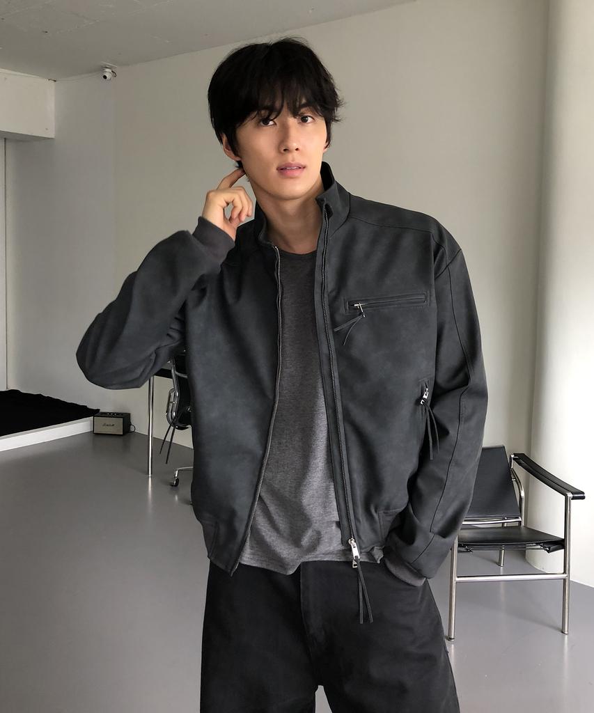 THEY Suede Leather Track Jacket_Charcoal Black