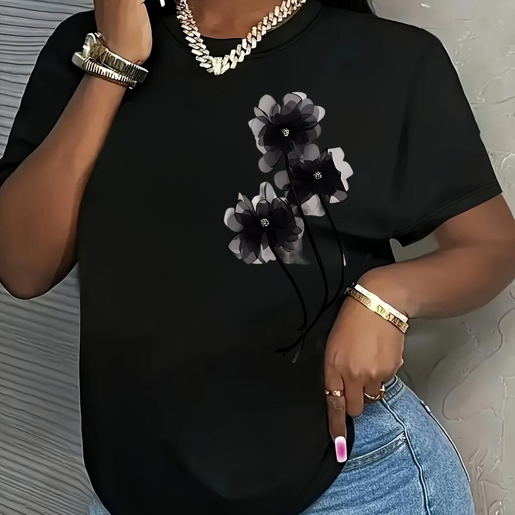 Summer Round Neck Flower Pattern Printed Top Fashionable Casual Pure Cotton Short Sleeved Women's T-shirts