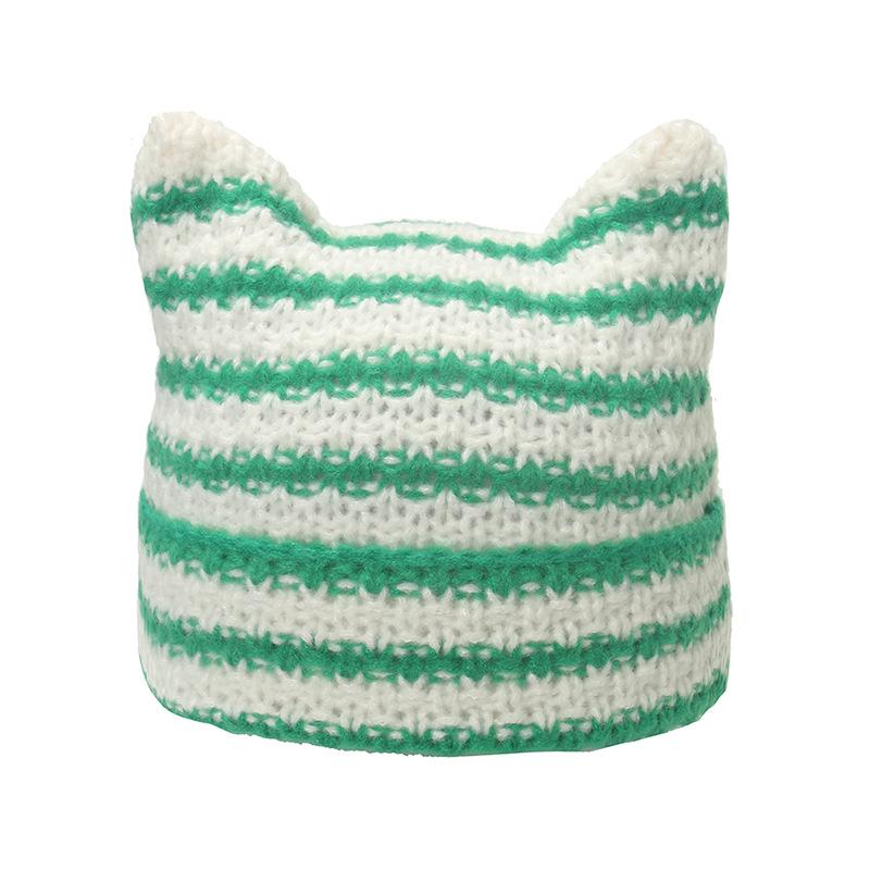 

Korean cute ins little devil striped knitted wool hat female cat ears cute ear protection pullover hat female M（56-58cm） зелёный