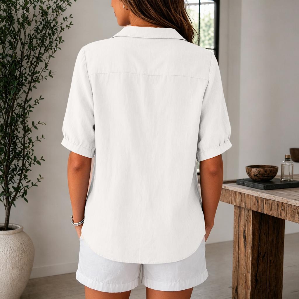Women Lightweight Linen Cotton Shirt Short Sleeve Button Down Loose Fit Casual Workwear Blouse with Pocket Summer Top