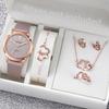 6pcs/set Women Leather Band Quartz Watch and Lover Heart Rose Gold Color Jewelry Set