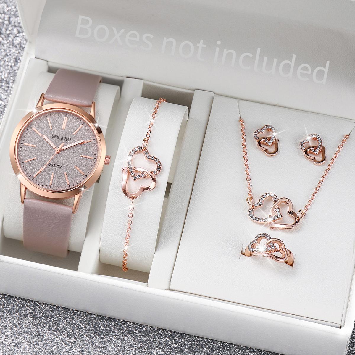 

6pcs/set Women Leather Band Quartz Watch and Lover Heart Rose Gold Color Jewelry Set серый