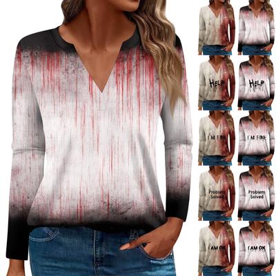 Damen T-Shirt mit Aufdruck und Knopfleiste, langärmelig, für den Alltag, Wochenende, modisch, Basic, V-Ausschnitt, normales Oberteil