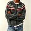 Womens Oversized Crewneck Cardigan Sweater With Colorblock Jacquard Acrylic Knit Open Front Top Fall Winter