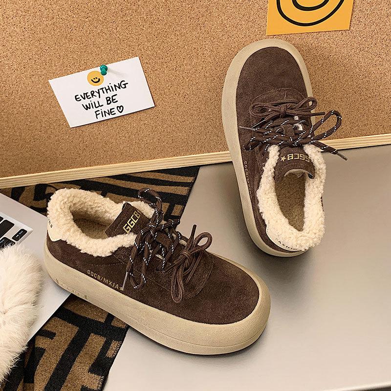 

Майяр замшевая кожа двойные шнурки кеды женские осенние новые толстоподошвенные мягкие подошвы ретро универсальные маленькие белые туфли 40