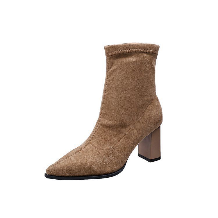 Commuter Temperament French High-heeled Short Boots Women's 2025 New Suede Martin Boots Pointed Thick Heel Elastic Thin Boots