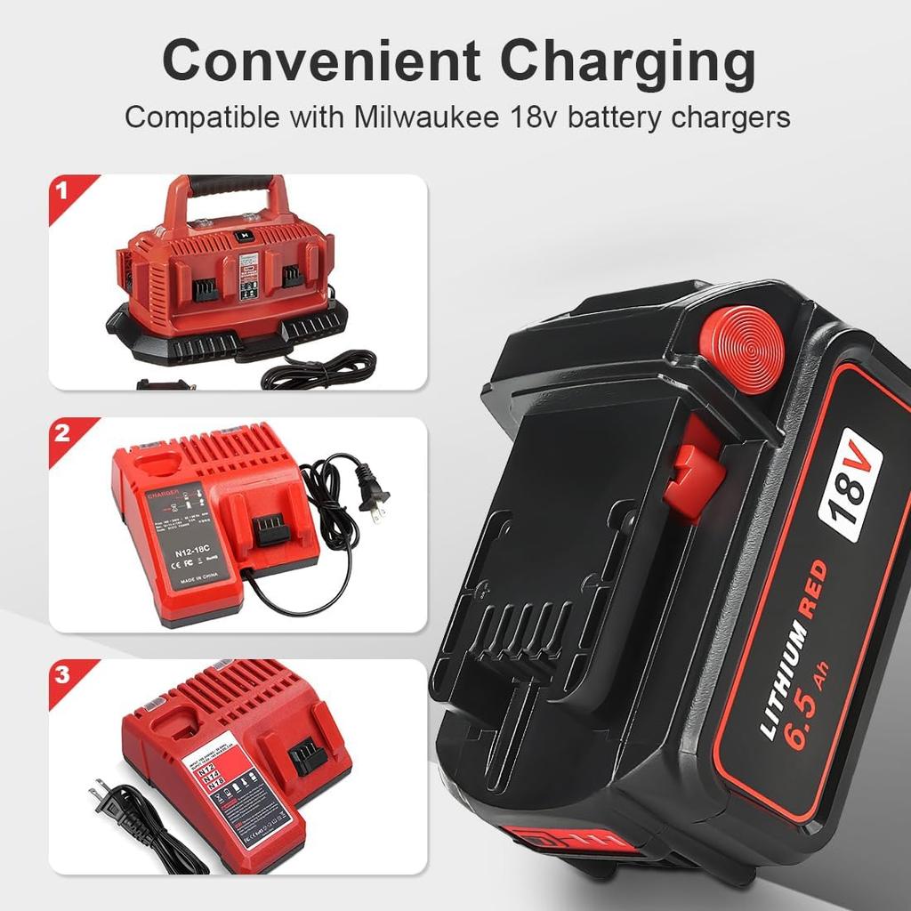 6.5Ah 18V Replacement for Milwaukee M-18 Battery 2/pk Blck