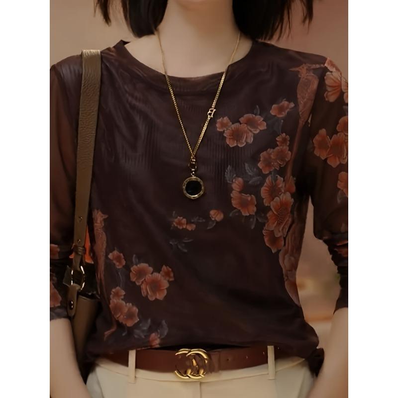 Floral Print T-Shirt for Women High Elasticity Crew Neck Long Sleeve Top with Semi-Sheer Floral Design, Spring/Fall Casual & Formal Wear