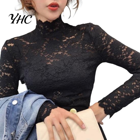 Blouse Half High Collar Long Sleeves See-Through Autumn Top Slim Lace Crochet Patchwork Hollow Tee Streetwear