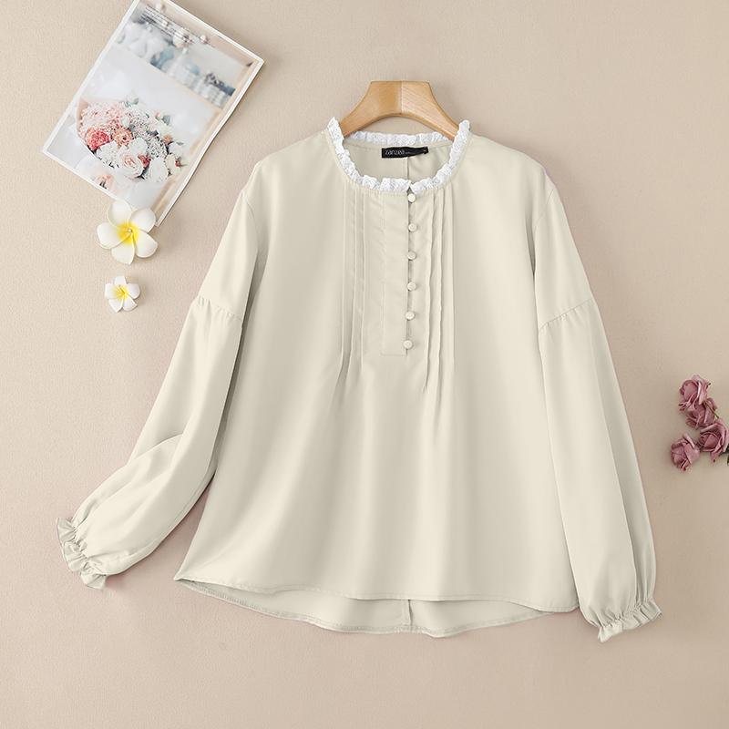 ZANZEA Women Casual Round Neck Loose Long Sleeve Blouse