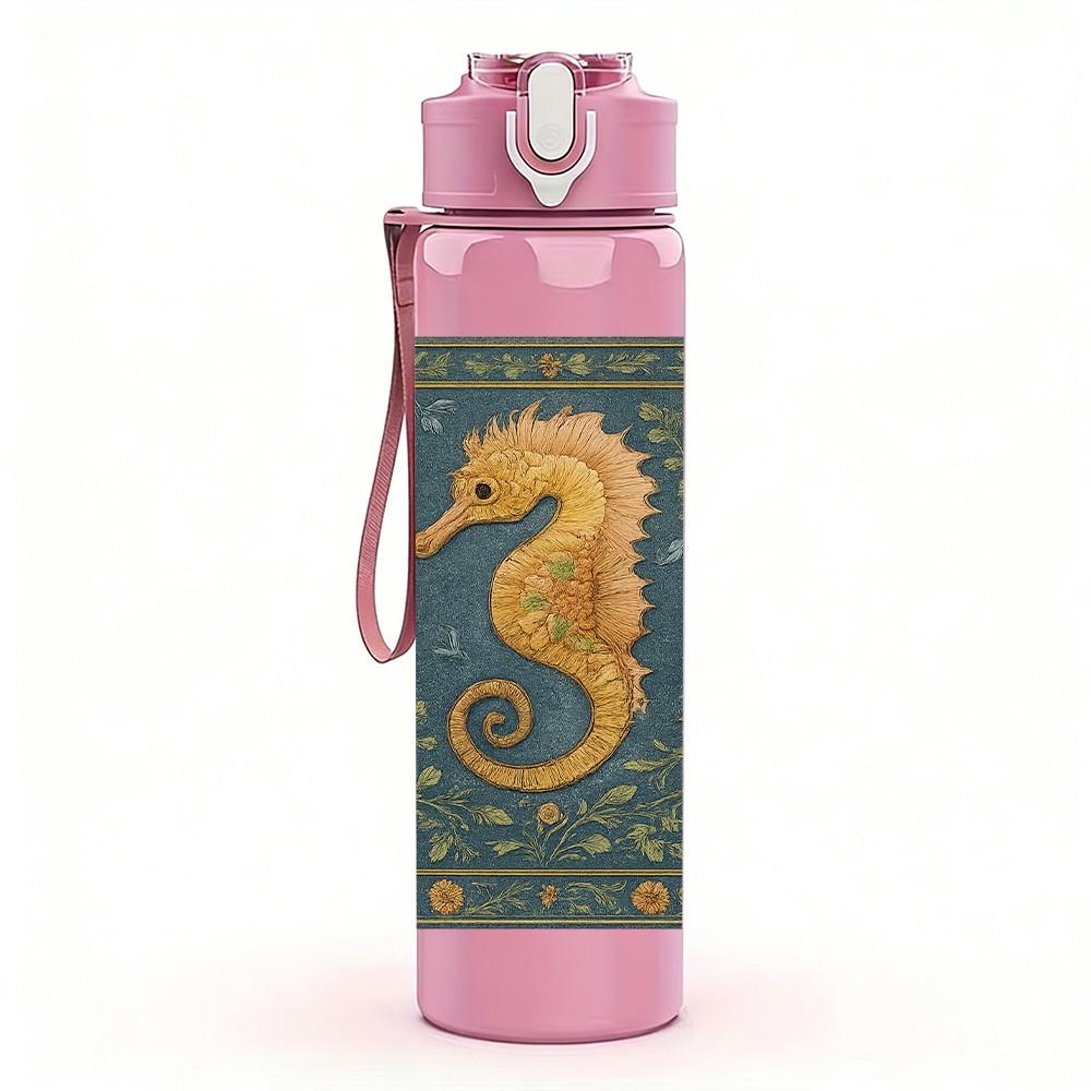 1PC Seahorse Vintage Ocean Pattern Print 750ml Color Plastic Sports Water Bottle Leakproof Flip Straw Lid Suitable for Sports Office Home Use