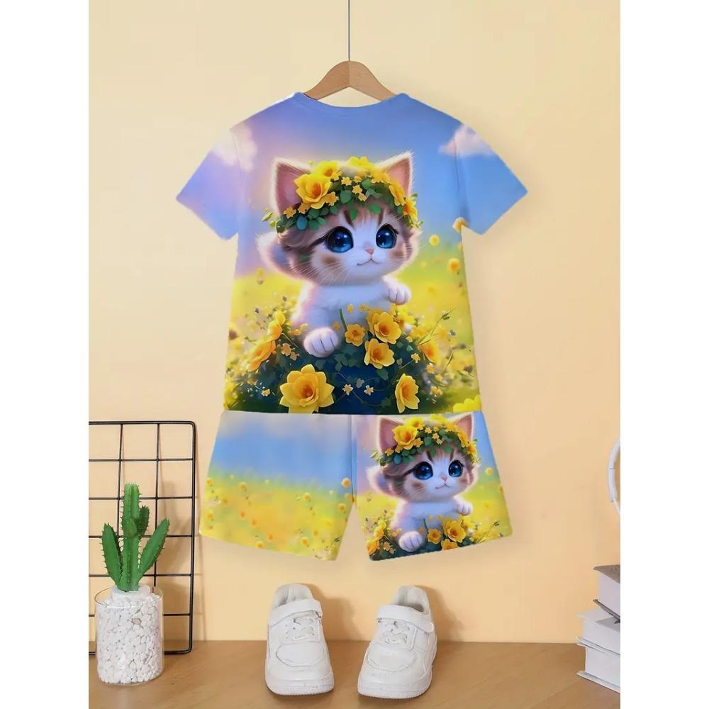Children's Cat T-Shirt Shorts Set Summer Casual Girl Clothes Short Sleeve Kids Sets for Children Tops Outdoor Sport Girl Outfits
