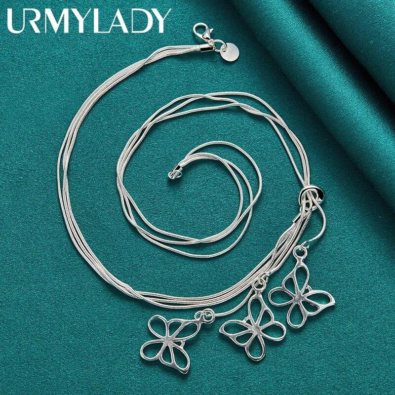 URMYLADY 925 Sterling Silver Butterfly 20 Inch Pendant Necklace For Women Wedding Party Fashion Jewelry