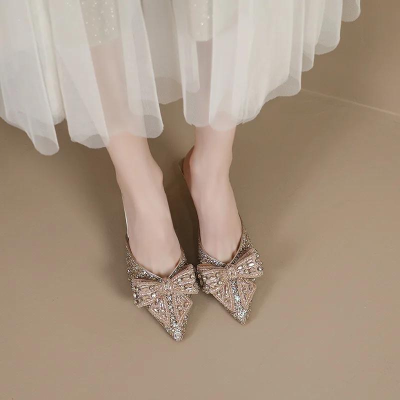 Fashion Shoes 5cm Thin Heels Womens Slippers Outdoor Pointed Toe Low Butterfly-Knot Pantofle Heeled Mules Slides Jelly Flip Flops