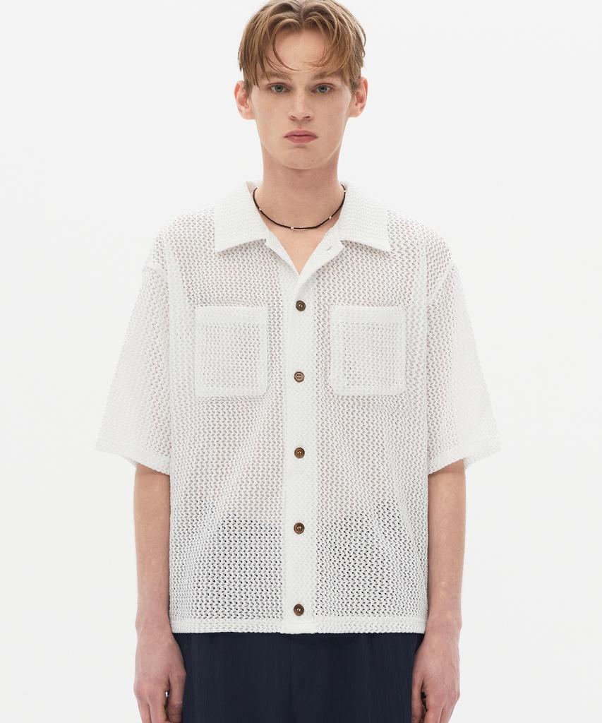 TRILLION Oversized Crochet Net Collar Short Sleeve Knit (White)
