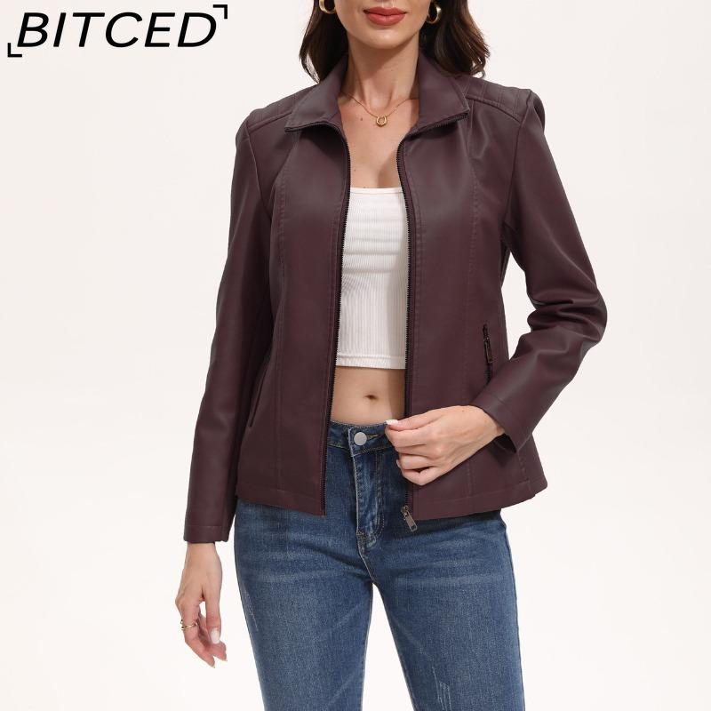 BITCED Fashion Women's Leather Jacket, Short Leather Jacket, Knitted Patchwork Stretch Coat